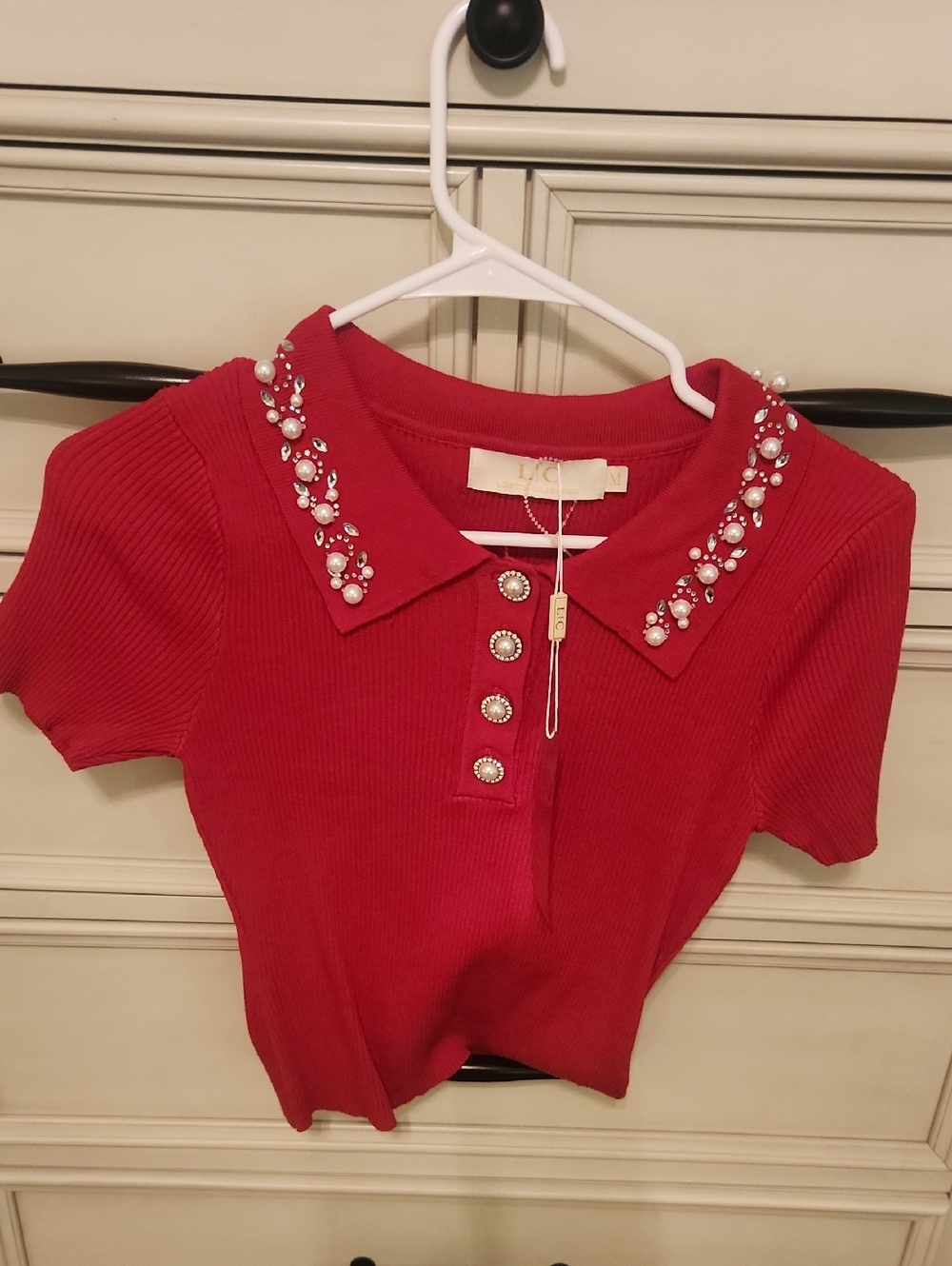 Embellished Red Ribbed Polo Crop Top